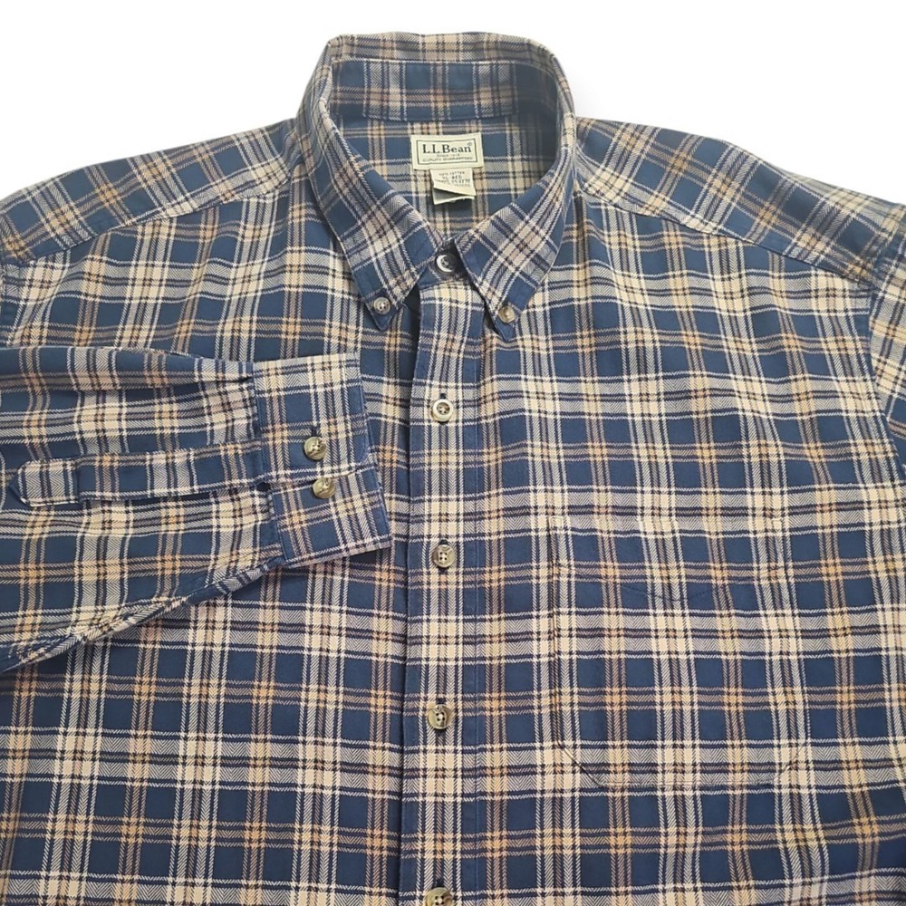 LL Bean XL-REG 100% Cotton Long Sleeve Flannel Shirt Tan, Black Plaid